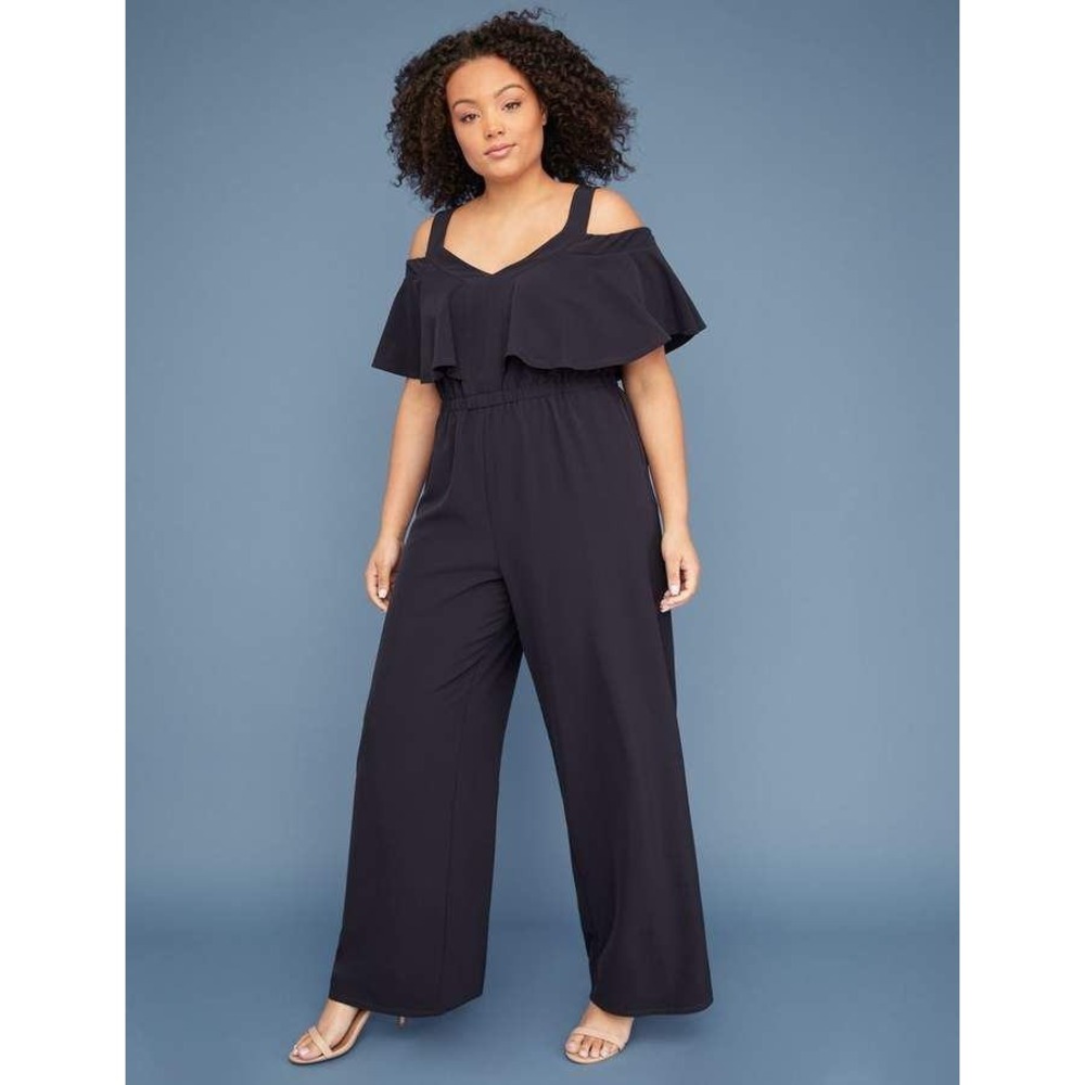 Lane Bryant Navy Blue Cold Shoulder Ruffle Wide Leg Romper Piece Plus Size 22 24